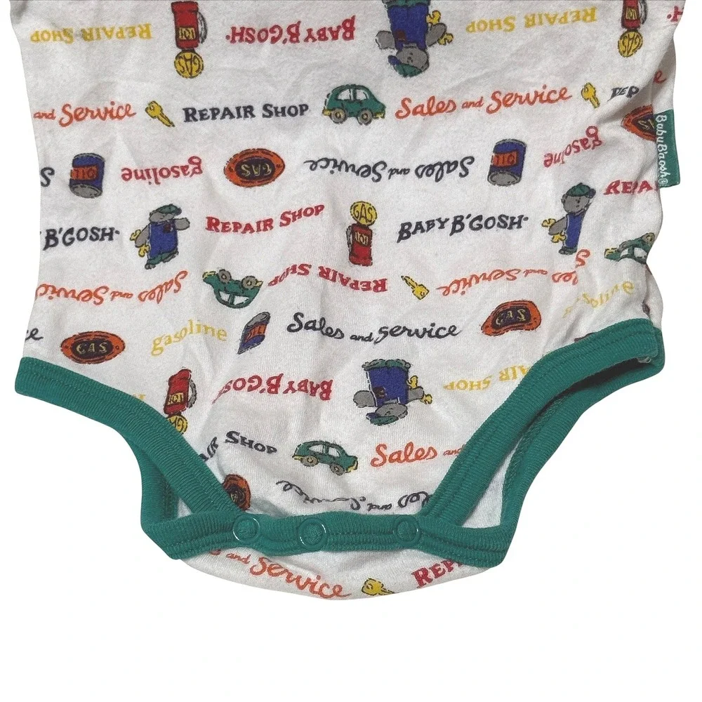 Vintage Baby B'Gosh Repair Shop Car Print Short Sleeve Bodysuit Green 3-6 Months